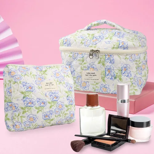 Miniatura 5 de NATINSA Linda bolsa de maquillaje para mujeres (2 piezas), bolsas de cosméticos de viaje, bolsa organizadora de aseo acolchada coqueta con flores