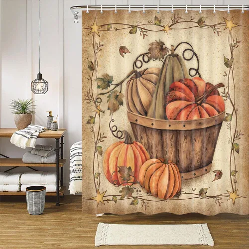 Miniatura 2 de Wathon Cortina de ducha de calabaza, decoración de baño, cosecha de otoño, retro, rústica, decoración de temporada, granja, Acción de Gracias