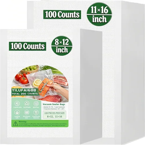 200 bolsas selladoras al vacío para bolsas de congelador para ahorro de alimentos, bolsas de 100 cuartos de galón, 8 x 12, 100 galones, sellado al