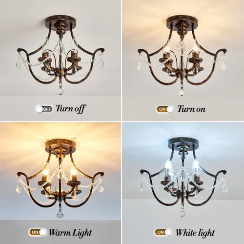 Miniatura 4 de UOFUS Candelabro de Cristal Vintage Semi Empotrado en Bronce Frotado con Aceite de 4 Luces, Lámpara de Techo de Metal Pequeña, Luminaria de Techo
