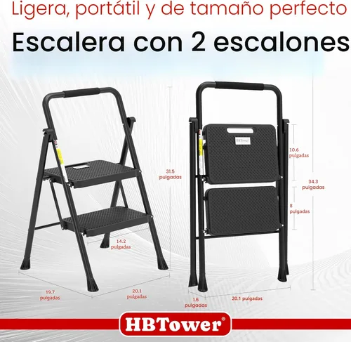 Miniatura 6 de HBTower Escalera de escalones. Taburete plegable con escalón ancho antideslizante, escalera de acero resistente, con un práctico pasamanos, ligera