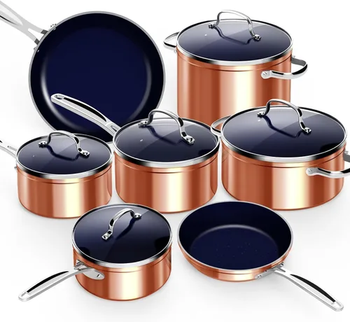 Nuwave Juego de 12 Ollas y Sartenes Saludables Antiadherentes, Juego de Utensilios de Cocina Ligeros Forjados, Revestimiento de Cerámica G10 Cobre