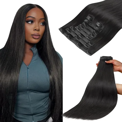 Miniatura 44 de Lashey - Extensiones de cabello con clip sin costuras, de cabello humano real, 7 unidades, 110 g, 14 pulgadas, color negro natural, lacio