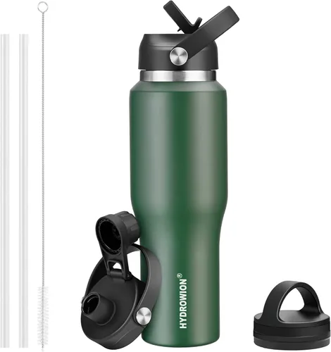 Miniatura 16 de HYDROWION Botella de agua de acero inoxidable, 32 onzas, boca ancha, doble pared, aislada al vacío, con tapa de pajilla, tapa de boquilla y tapa