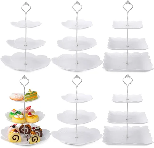 Miniatura 8 de Sawysine Paquete de 6 bandejas para servir de 3 niveles, torre de servicio de 3 niveles, soporte de postre a granel, bandeja de plástico grueso