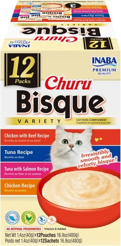 Miniatura 19 de INABA Churu Bisque para gatos, plato de puré cremoso para lamer con vitamina E, 1.4 onzas por bolsa, 12 bolsas, receta de pollo