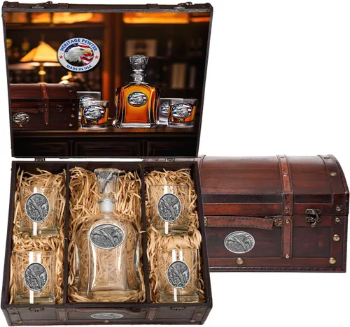 Miniatura 51 de Heritage Pewter Alabama Capitol - Juego de baúl Recipiente de líquido de 24 onzas con 4 vasos de agua Vidrio de peltre elaborado por expertos