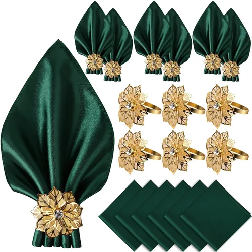 Miniatura 13 de VIJIV Juego de 12 servilletas de tela y juego de 6 anillos para servilletas dorados, 17x17 servilletas de cena de satén cuadradas con flores