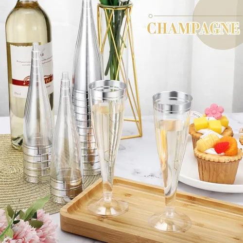 Miniatura 2 de Skylety 100 copas de champán con borde plateado a granel de 4.5 onzas, vasos de plástico transparente para tostar, vasos de mimosa, vasos de cóctel