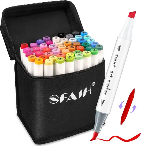 SFAIH Marcadores de alcohol de 49 colores para libros de colorear para adultos, doble punta (pincel y cincel), marcadores artísticos para dibujar