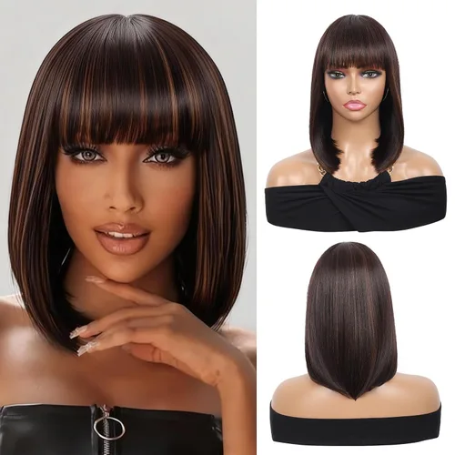 Miniatura 10 de Kalyss - Pelucas cortas de cabello negro con flequillo para mujer, peluca de cabello sintético completo, resistente al calor, peluca corta y recta