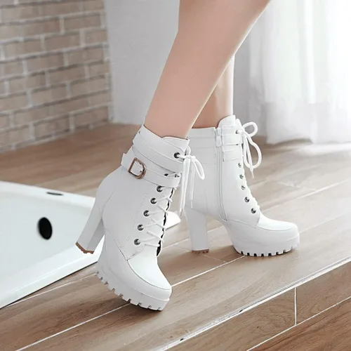 Miniatura 3 de MIOKE Botines elegantes con plataforma de punta redonda para mujer, con cordones, cierre de cremallera, tacón alto, botines cortos