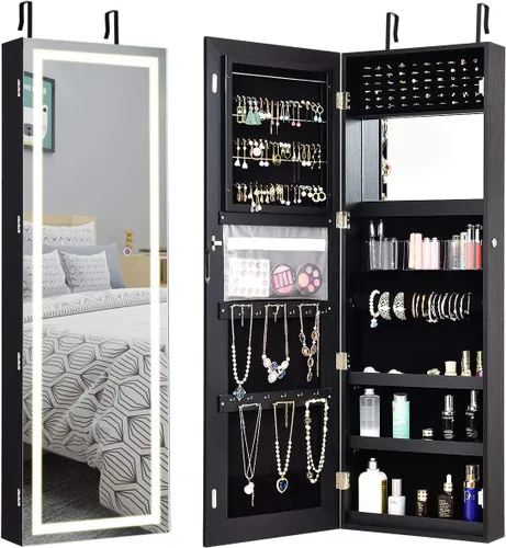 Giantex Armario de joyería para puerta de pared, espejo de longitud completa iluminado con pantalla táctil con cerradura de 47.2 pulgadas, 3 ajustes