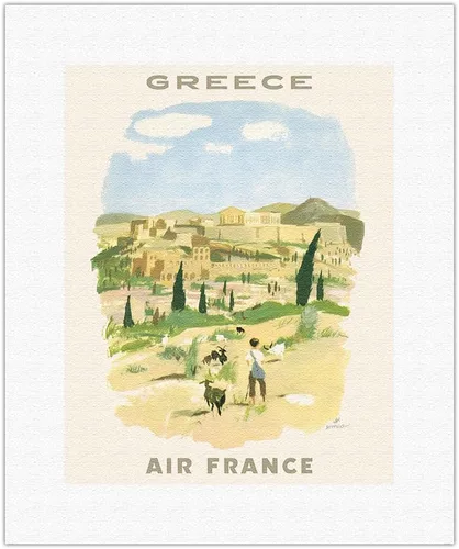 Greece - Acropolis of Athens - France - Vintage Airline Travel Poster by Georges Beuville c.1958 - Fine Art Rolled Canvas Print 11in x 14in