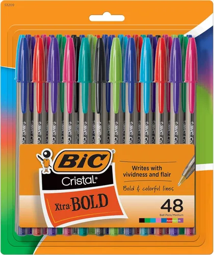 BIC Cristal Xtra Bold Bolígrafos, punta negra (1.6mm), NUEVOS COLORES SURTIDOS, paquete de 48 unidades