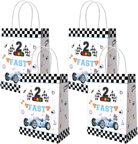 AIBIIN 24 bolsas de regalo de segundo cumpleaños con asas, color azul polvoriento, coches de carreras a cuadros, recuerdos de fiesta de auto de