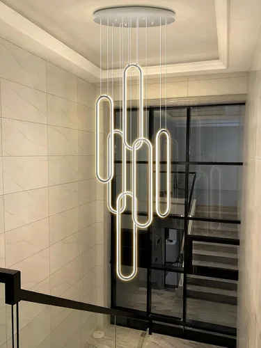 Miniatura 4 de Flashing God Candelabro moderno, candelabros cromados con 6 anillos LED, lámpara de techo alto más grande para sala de estar, lámpara rectangular