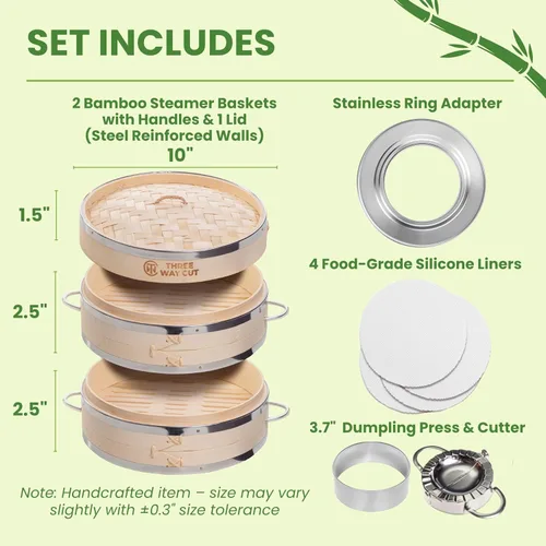 Miniatura 2 de Dumpling - Vaporera de Bambú de 10 Pulgadas, Canasta de Madera de 2 Niveles con Mango, Adaptador de Anillo, Forro de Silicona Reutilizable, Kit