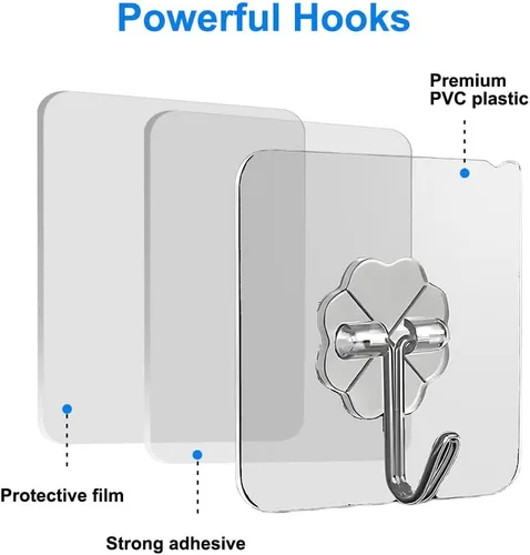 Miniatura 2 de Paquete de 12 ganchos autoadhesivos resistentes – transparentes, impermeables, ganchos de pared adhesivos para llaves, baño, ducha, exterior, Claro