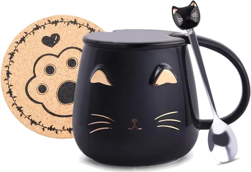 Taza de café de cerámica rosa con diseño de gato lindo hecho a mano con cuchara de acero inoxidable, taza de gatito, tazas únicas de chocolate Negro