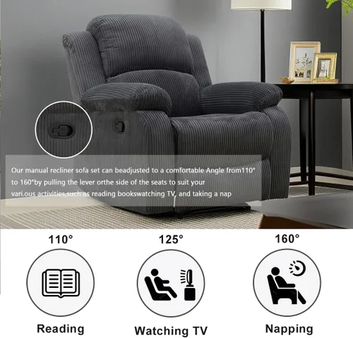 Miniatura 5 de Juego de sala de Estar reclinable de 3 piezas, juego de sofá reclinable Manual para conjunto de muebles de sala de Estar, con consola de Gris oscuro