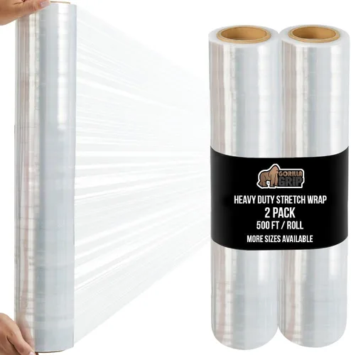 Miniatura 23 de GORILLA GRIP Film extensible 500% de plástico resistente, paquete de 2 rollos de envoltura retráctil de 1200 pies de 17 pulgadas, resistente a