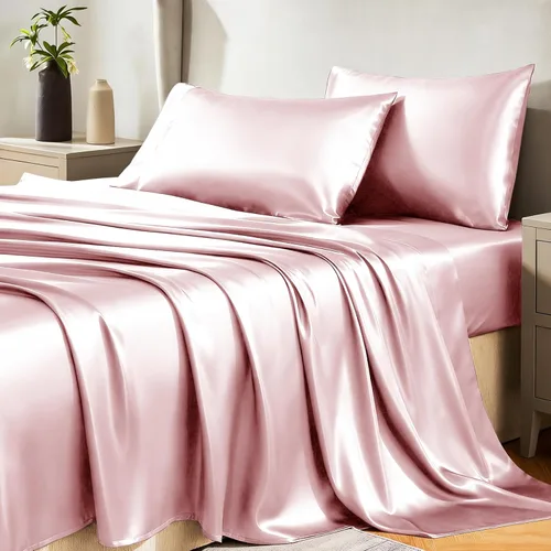 CozyLux Sábanas de satén tamaño King – Juego de sábanas de 4 piezas color rosa con microfibra sedosa, 1 sábana bajera de bolsillo profundo, 1 sábana