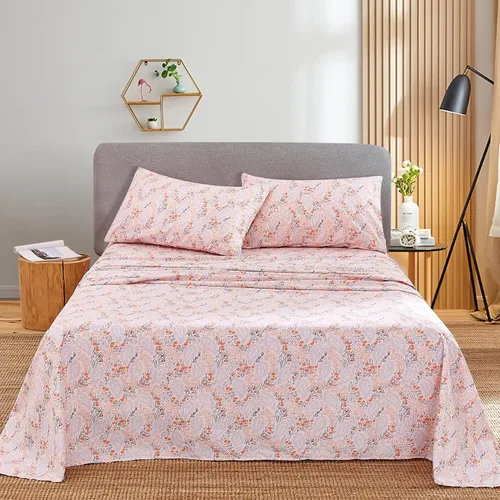 Miniatura 7 de JSD Juego de sábanas florales de paisley rosa tamaño King, 4 piezas de sábanas de microfibra suave estampada con bolsillo extra profundo Paisley