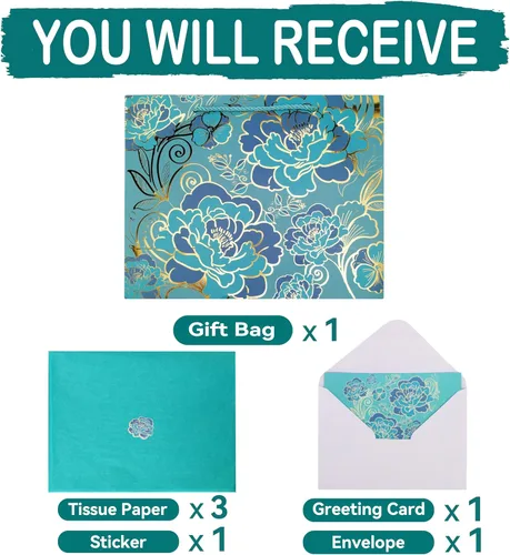 Miniatura 3 de Juego de Bolsa de Regalo Grande Rosa Verde de 13" con Tarjeta de Felicitación y Papel de Seda (Flores con Trazado de Papel Aluminio) para Celebrar