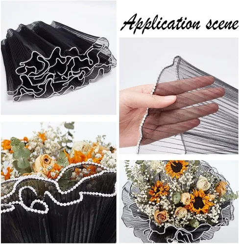 Miniatura 3 de BENECREAT 1.33 metros de papel de malla para envolver flores negro, papel de embalaje para ramo con borde de perlas, translúcido arrugado