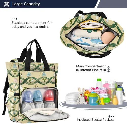 Miniatura 6 de Floral Pattern Diaper Bag Backpack, Multi-Pocket Nylon Tote with Shamrock Design, 11x6x15 Inches, Cream and Green, for Travel and Baby Care