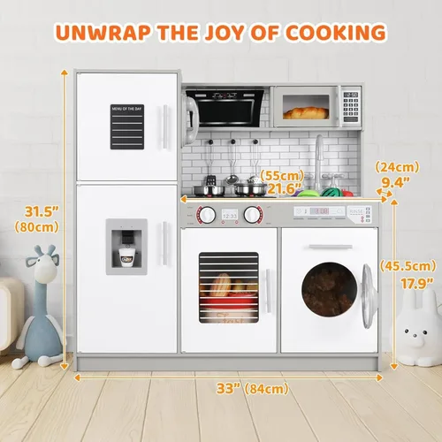 Miniatura 2 de MAMIZO Cocina de juego para niños, cocina de juguete de chef de madera de simulación con lavadora, dispensador de agua, estufa, sonido y luz reales