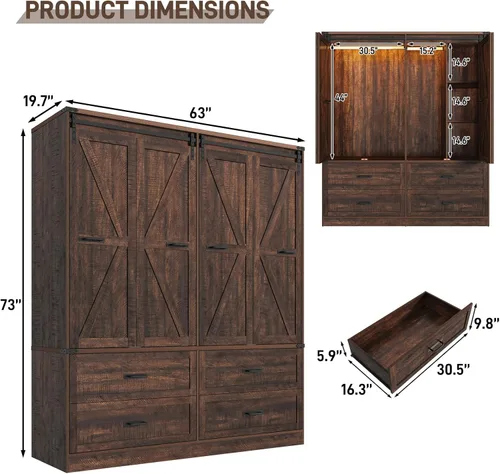 Miniatura 2 de Armario rústico de 4 puertas con puerta corrediza plegable de granero y luces, armario LED con cajones para dormitorio, armario de madera Marrón