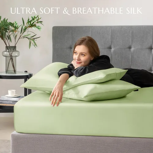 Miniatura 20 de THXSILK Juego de sábanas bajeras de 100% seda de morera, 3 piezas de seda 7A+, transpirable, suave, sábana bajera de 16 pulgadas de profundidad, 2