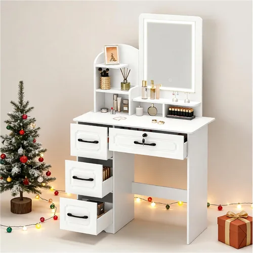 Miniatura 10 de Pequeño escritorio de maquillaje con espejo LED deslizante y almacenamiento oculto, juego de mesa de tocador con cajón de almacenamiento y silla