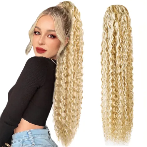 Extensión de cola de caballo rizada ondulada de 26 pulgadas, color rubio ceniza con rubio decolorado, extensiones de cabello sintético con clip para