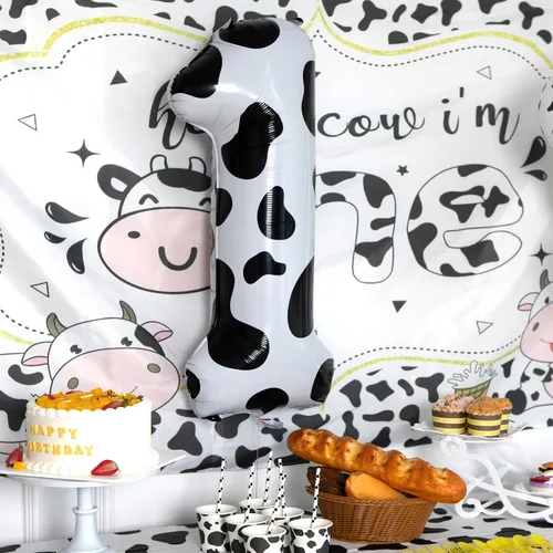 Miniatura 3 de Suministros de decoración de cumpleaños de globos con estampado de vaca, globo número 0 de 40 pulgadas, decoraciones de fiesta de cumpleaños