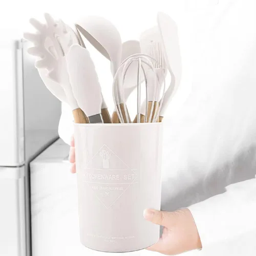 Utensilios de cocina de madera y silicona, 12 utensilios de cocina de silicona antiadherentes, espátula resistente al calor, cuchara, batidor, juego