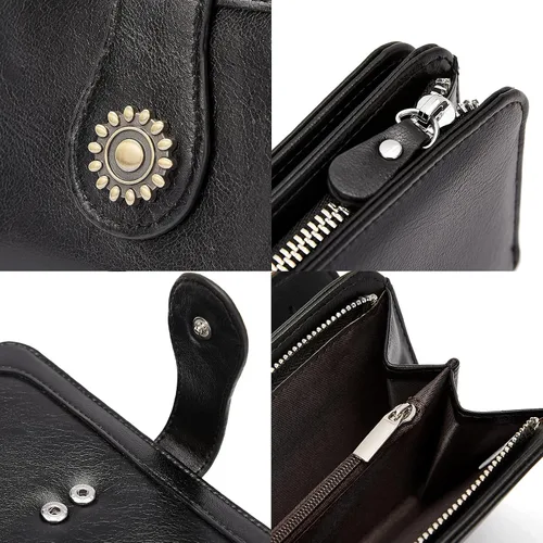 Miniatura 6 de BROMEN Billeteras de cuero para mujer cartera grande de mano para teléfono 2-negro Vintage