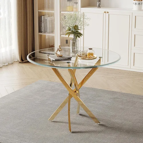 Miniatura 27 de Juego de mesa de comedor de cristal para 4, juego de mesa de cocina redonda dorada de 5 piezas con 4 sillas tapizadas negras, mesa de comedor