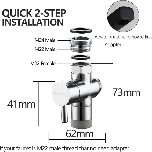Miniatura 7 de Tecmolog Válvula desviadora de grifo con aireador de 2 flujos de latón divisor de grifo de cocina a manguera adaptador M22 x M24, cromo, SBA021D