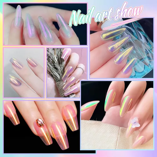 Miniatura 9 de Laza Polvo de uñas cromadas de sirena, uñas esmaltadas en forma de dona, pigmento metálico con efecto de espejo, polvo iridiscente de perlas