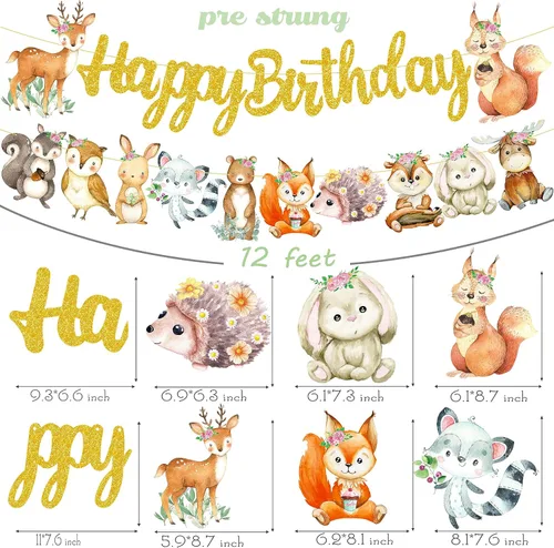 Miniatura 3 de Cartel de feliz cumpleaños de animales del bosque, decoraciones de criaturas del bosque, 2 piezas de pancartas recortadas de animales del bosque