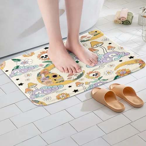 Miniatura 2 de Alfombra de baño vintage con diseño de flores de los años 70, diseño de calavera de estrella, para adultos de los años 60, alfombra de cocina