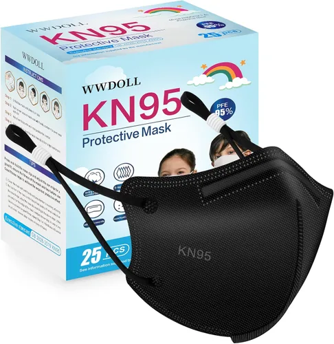 WWDOLL Mascarillas KN95 para niños, paquete de 25 unidades, mascarillas KN95 transpirables de 5 capas para niños, color negro