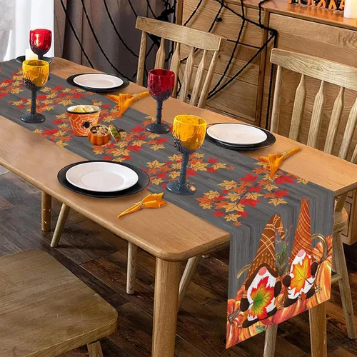 Miniatura 6 de GOOESING Gnomos de otoño, calabazas, hojas de arce, camino de mesa de otoño, temporada de Acción de Gracias, cocina, decoración de mesa de comedor