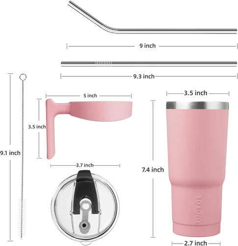 Miniatura 3 de BJPKPK Vaso con asa de acero inoxidable de 20 onzas, con aislamiento de doble pared, con tapa y pajita, color rosa claro A-rosa claro