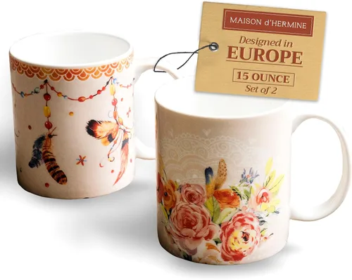 Miniatura 197 de Maison d' Hermine Taza de café con asas, tazas de porcelana fina de hueso, paquete de dos tazas de té para bebidas calientes, capuchino, latte, 015