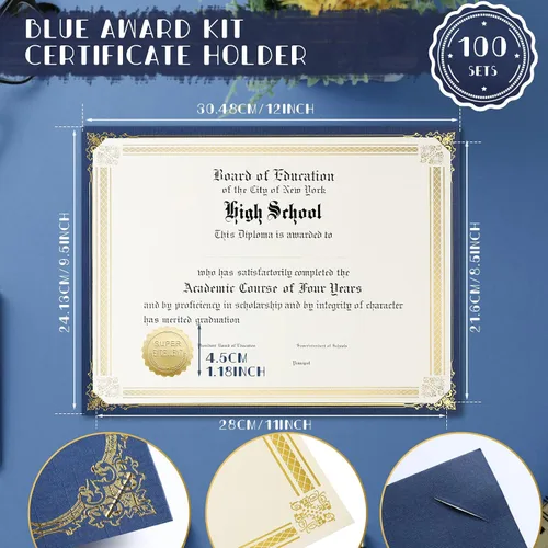 Miniatura 2 de Kosiz Juego de 300 soportes para certificados de lino, 100 papeles de certificado de lámina dorada, 100 soportes de diploma de lino de una sola cara