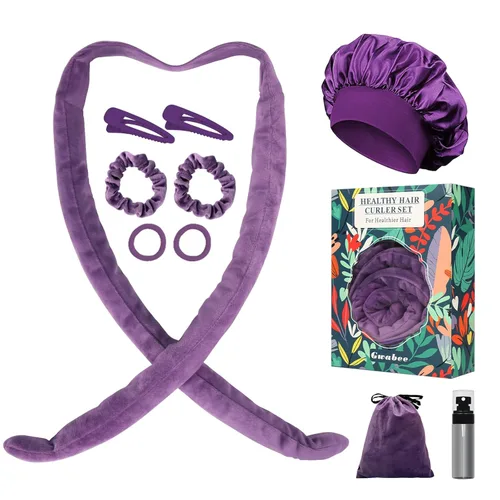 Miniatura 6 de Gwabee No Heat Overnight - Juego de diadema para mujeres y niñas, gorro de satén suave con rodillos para rizos largos de cabello, caja de regalo